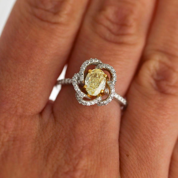 1.24 Carat Fancy Yellow Diamond Platinum & 18K Gold Swirl Floral Ring