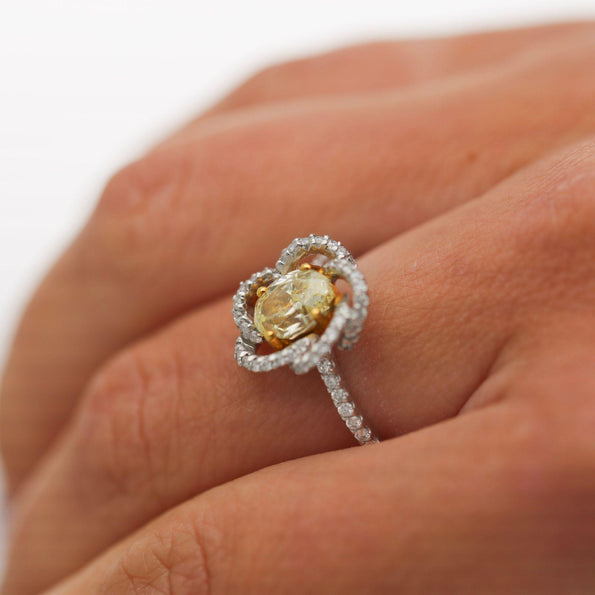 1.24 Carat Fancy Yellow Diamond Platinum & 18K Gold Swirl Floral Ring