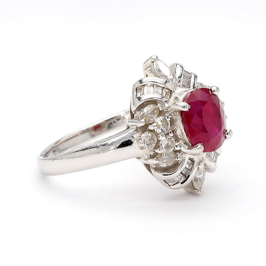 1.26 Carat Oval Ruby & Mixed Diamond Ballerina Platinum Art Nouveau Style Ring