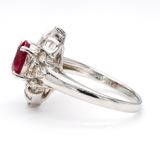 1.26 Carat Oval Ruby & Mixed Diamond Ballerina Platinum Art Nouveau Style Ring