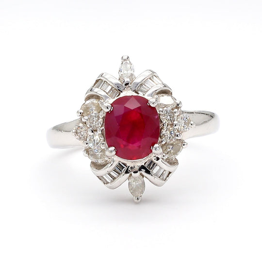 1.26 Carat Oval Ruby & Mixed Diamond Ballerina Platinum Art Nouveau Style Ring