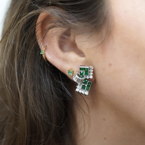 1.30 Carat Emerald & Diamond in 14K White Gold Retro Style Stud Earrings