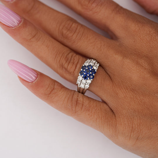 1.46 Carat Blue Sapphire & Diamond Platinum 3 Row Floral Cluster Band Ring