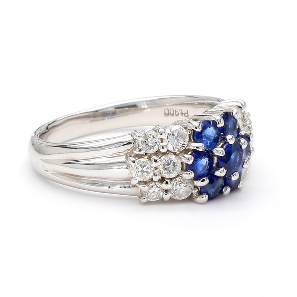 1.46 Carat Blue Sapphire & Diamond Platinum 3 Row Floral Cluster Band Ring