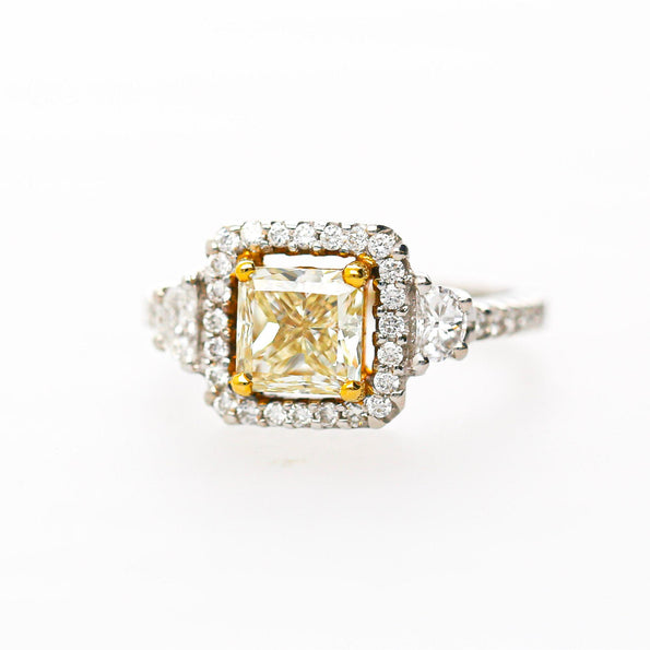 1.51 Carat Fancy Yellow Square Cut Diamond Halo 18K Gold Engagement Ring