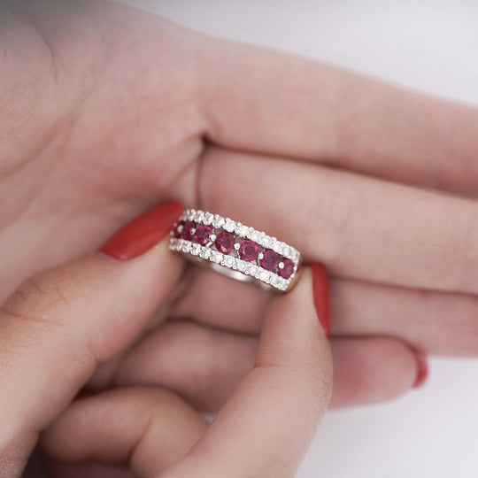 1.54 Carat Round Cut Ruby and Diamond Double-Row Eternity Band Ring