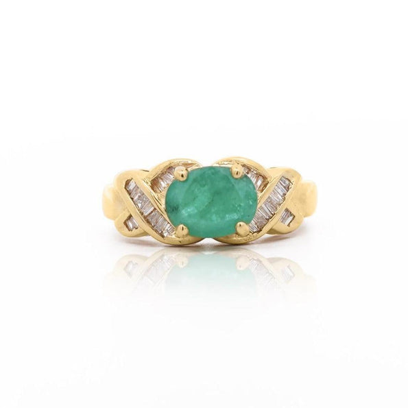 1.59 Carat Oval Cut Emerald & Diamond 14K Gold East West Ring