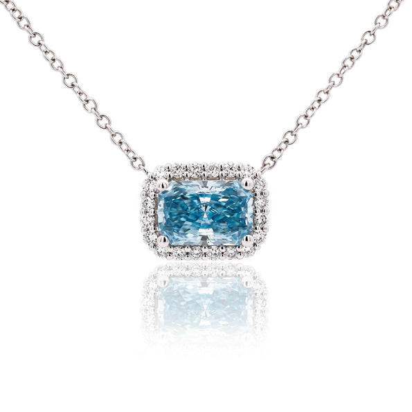 1.72 Carat Radiant Cut Blue & White Diamond Halo 14K White Gold Pendant Necklace