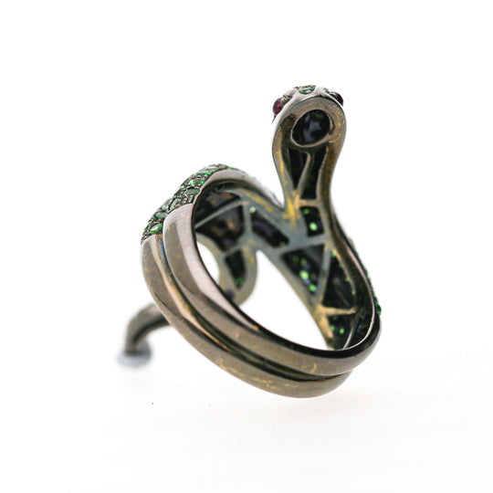1.73 Carat Tsavorite Garnet & Ruby Eye Pavé Snake 18K Black Gold Cocktail Ring