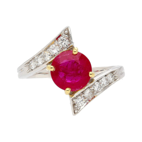 1.8 Carat Round Ruby Diamond Platinum and 18K Gold Bypass Ring