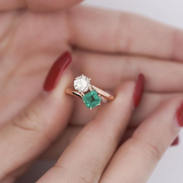 1.84 Carat Square Emerald & Round Diamond 18K Gold Toi et Moi Bypass Ring