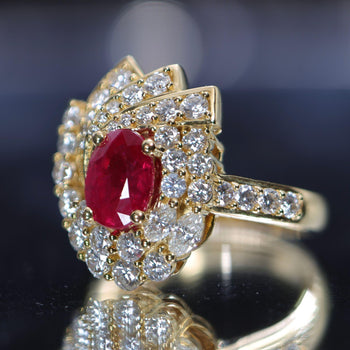 2 Carat Oval Burma Ruby & Diamond Halo Set in 18K Yellow Gold Statement Ring – Assay Jewelers