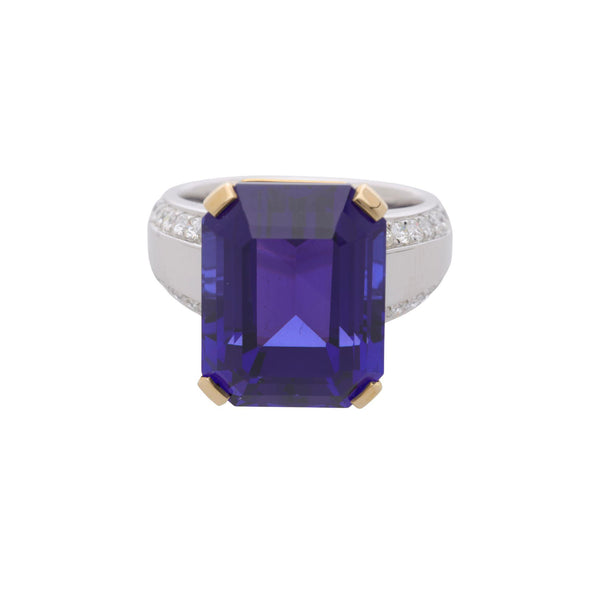 20.45 Carat Emerald Cut Tanzanite & Diamond in 14K Two Tone Gold Cocktail Ring