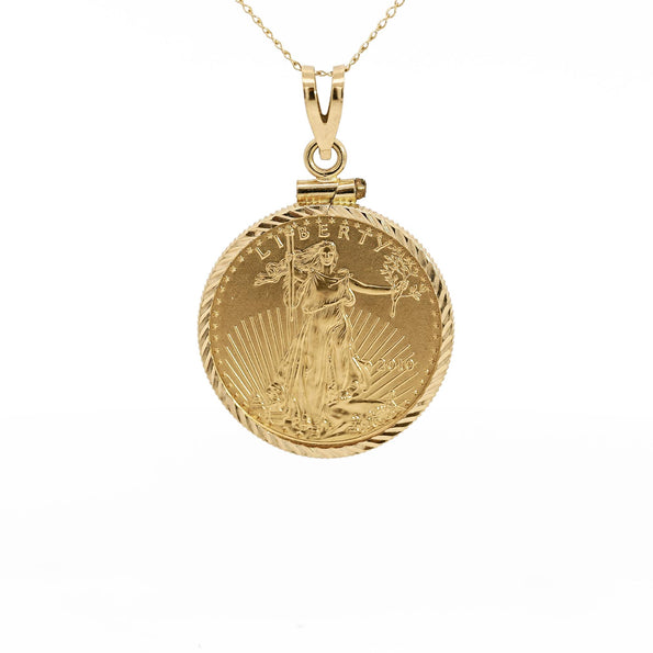 22K Gold Lady Liberty US 10 Dollar 1/4 OZ Coin (2010) Pendant in 14K Frame