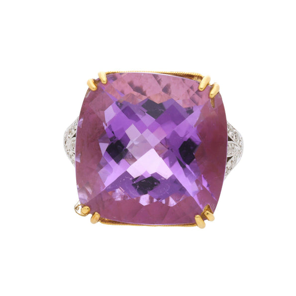 22.48 Carat Cushion Checkerboard Amethyst & Diamond Filigree 18K Two Tone Ring