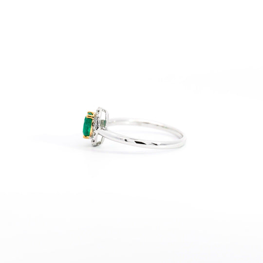 2/3 Carat Natural Emerald & Diamond Oval Halo Thin Band Ring in 18K White Gold