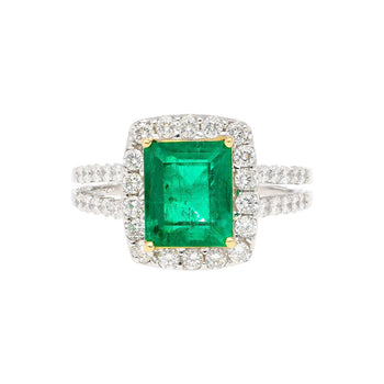 Bague halo en émeraude colombienne Muzo taille ancienne 2.06 carat et diamants, avec anneau fendu, en or 18K – Assay Jewelers