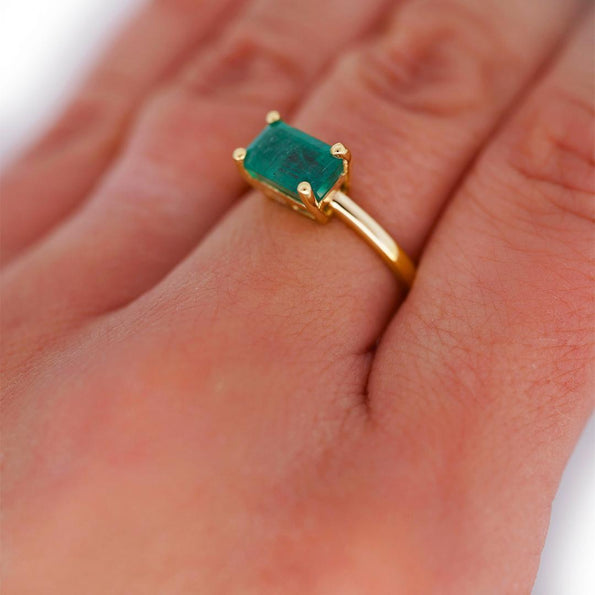 2.09 Carat East West Emerald Cut Green Emerald Solitaire 14K Gold Ring