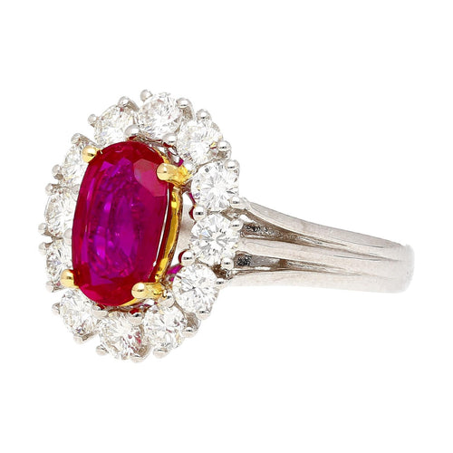 2.09 Carat Oval Cut Burma Ruby No Heat GRS Certified & Diamond Halo Platinum Ring