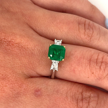 2.19 Carat Natural Emerald 3-Stone Ring with Baguette Diamond in 18K White Gold – Assay Jewelers