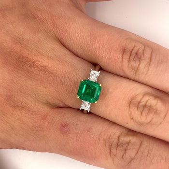 2.19 Carat Natural Emerald 3-Stone Ring with Baguette Diamond in 18K White Gold – Assay Jewelers