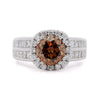 2.19 Carat Round Fancy Orange Brown Diamond Halo 18K White Gold Cathedral Ring