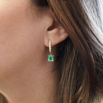 2.19 Carat Square Emerald & Diamond 18K Gold Dangling Huggie Earrings – Assay Jewelers
