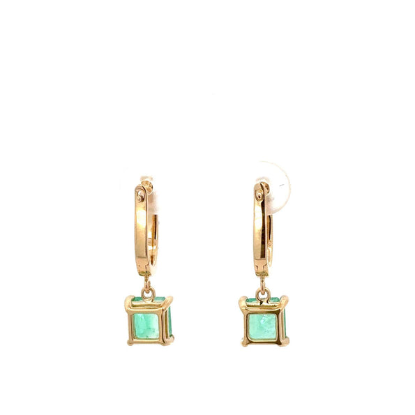2.19 Carat Square Emerald & Diamond 18K Gold Dangling Huggie Earrings