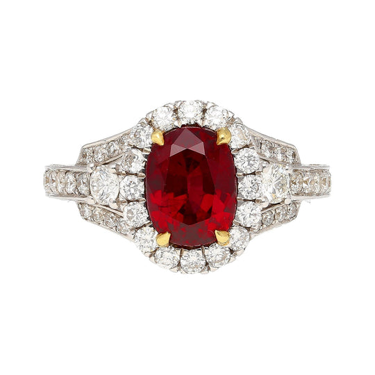 2.20 carat Vivid Red Oval Cut Ruby & Diamond Retro Regal Style Vintage Ring