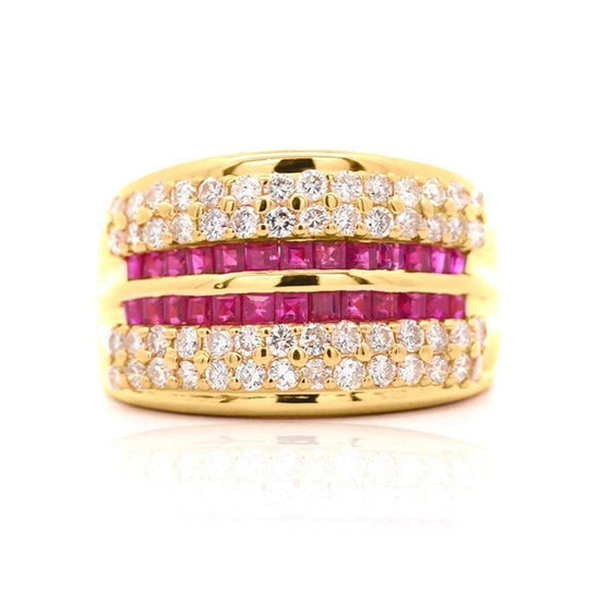 2.28 Carat Square Ruby & Diamond Channel Set 18K Gold Multi-Row Ring
