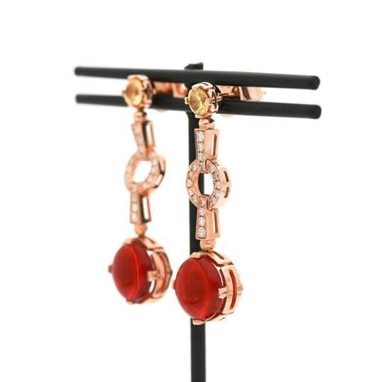 2.51 Carat Fire Opal, Yellow Sapphire, and Diamond 14K Rose Gold Drop Earring