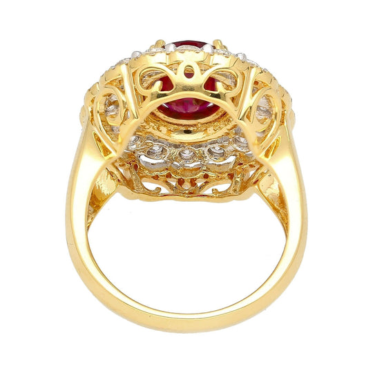 2.58 Carat Oval Thai Ruby & Triple Diamond Halo Retro Wide Frame Ring