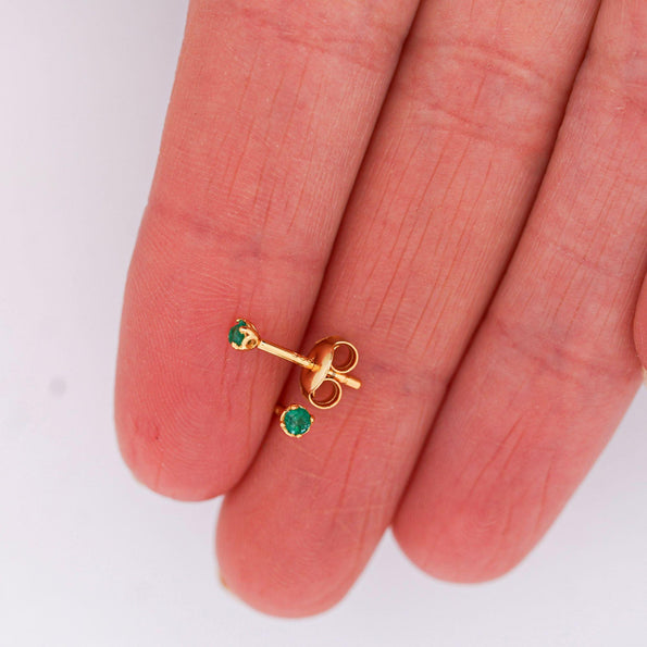 2.5mm Tiny Natural Emerald Round Stud Earrings 14K Gold Plated Silver