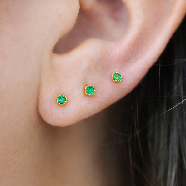2.5mm Tiny Natural Emerald Round Stud Earrings 14K Gold Plated Silver