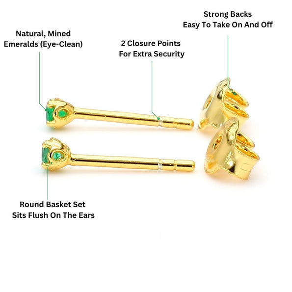 2.5mm Tiny Natural Emerald Round Stud Earrings 14K Gold Plated Silver