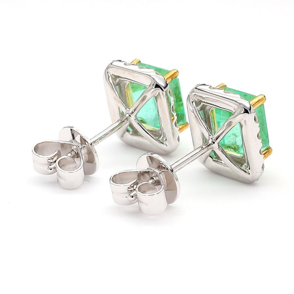 2.60 Carat Emerald Cut Emerald and Diamond Halo 18K Two Tone Gold Stud Earring