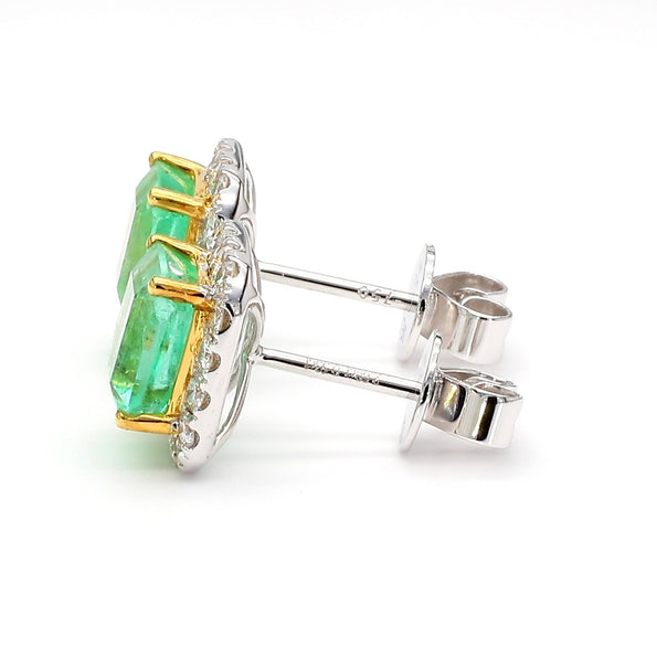 2.60 Carat Emerald Cut Emerald and Diamond Halo 18K Two Tone Gold Stud Earring