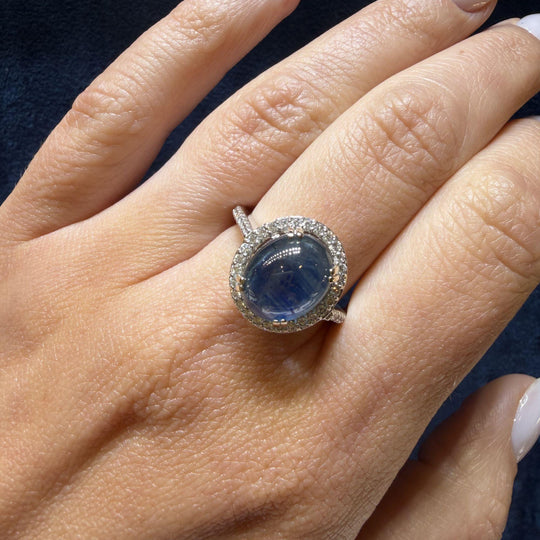 2.80 Carat Oval Cabochon Blue Star Sapphire and Diamond Halo Ring