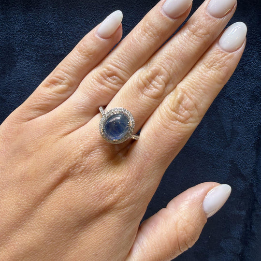 2.80 Carat Oval Cabochon Blue Star Sapphire and Diamond Halo Ring