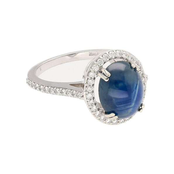 2.80 Carat Oval Cabochon Blue Star Sapphire and Diamond Halo Ring
