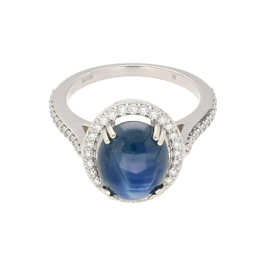 2.80 Carat Oval Cabochon Blue Star Sapphire and Diamond Halo Ring