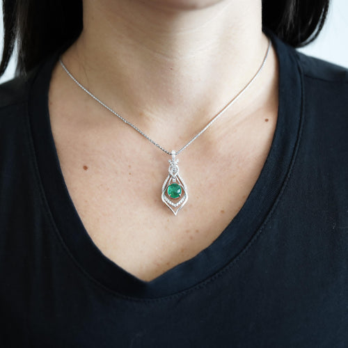 2.81 Carat Cabochon Emerald and Diamond Nouveau Pendant Necklace