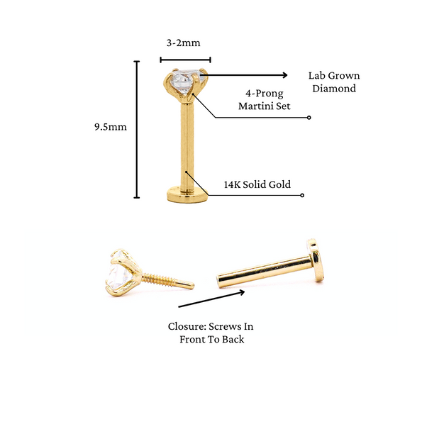2.5mm Diamond in 14K Gold Flat Back Single Stud Earring