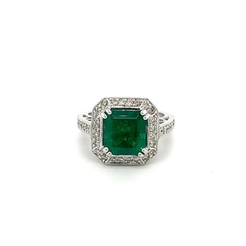 3 Carat Colombian Emerald in 18K White Gold Ring & Round Cut Diamond Halo – Assay Jewelers
