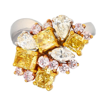 3 Carat Pink, Yellow, White Multi Cut Diamond Cluster Platinum And 18K Gold Ring – Assay Jewelers