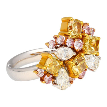 3 Carat Pink, Yellow, White Multi Cut Diamond Cluster Platinum And 18K Gold Ring – Assay Jewelers
