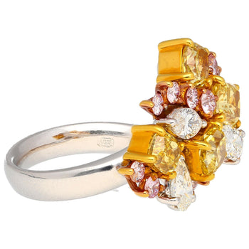 3 Carat Pink, Yellow, White Multi Cut Diamond Cluster Platinum And 18K Gold Ring – Assay Jewelers