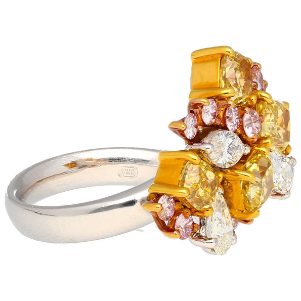 3 Carat Pink, Yellow, White Multi Cut Diamond Cluster Platinum And 18K Gold Ring