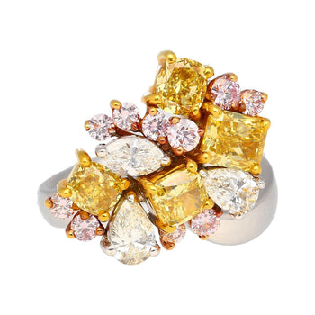 3 Carat Pink, Yellow, White Multi Cut Diamond Cluster Platinum And 18K Gold Ring – Assay Jewelers