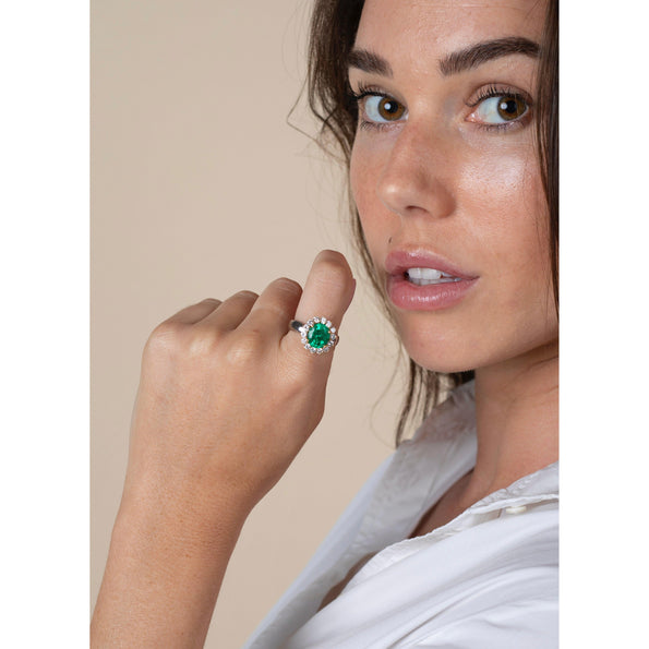 3 Carat Vivid Green Colombian Emerald and Diamond Halo Ring 18K White Gold
